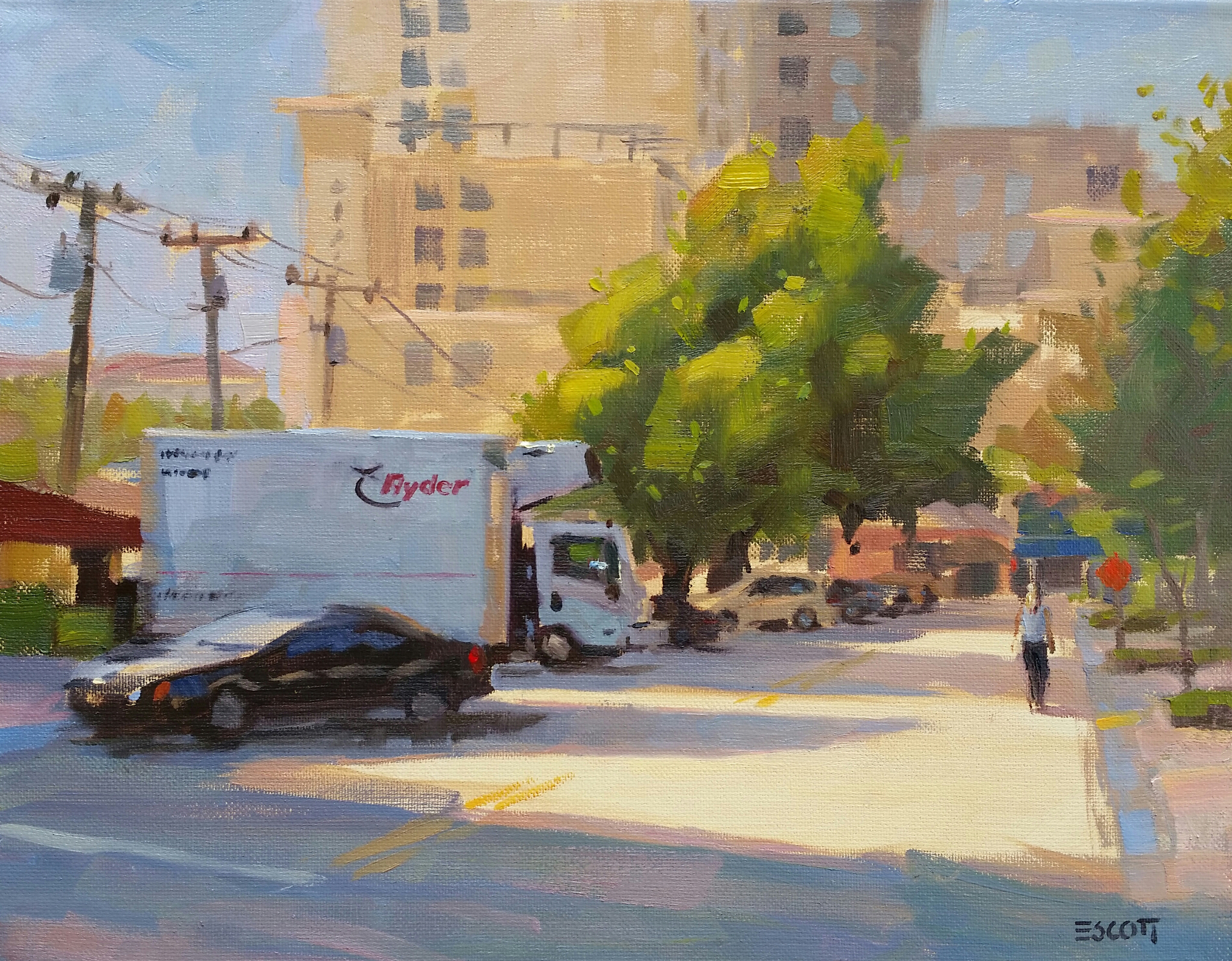 Shawn Escott, “Delivery Day,” 2018, oil, 11 x 14 in., Collection the artist, Plein air