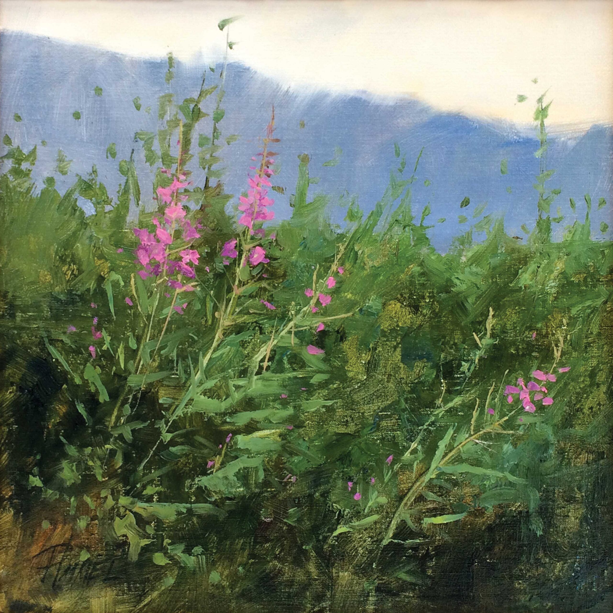 Peggy Immel, "Fireweed," 2018, oil, 12 x 12 in., private collection, plein air