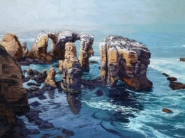 Laurel Sherrie, “Pt. Buchon Trail, Stonehenge Out of the Mist," oil on canvas, 30” x 48”