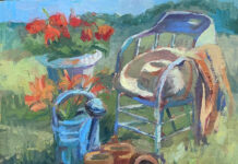 oil painting of still life: lan chair, flowers and watering can outside in a field