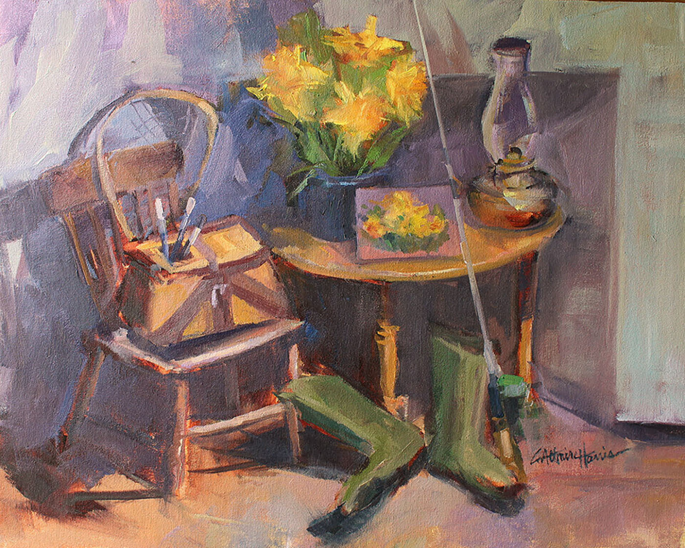 oil painting of still life with chair and table filled with flowers 