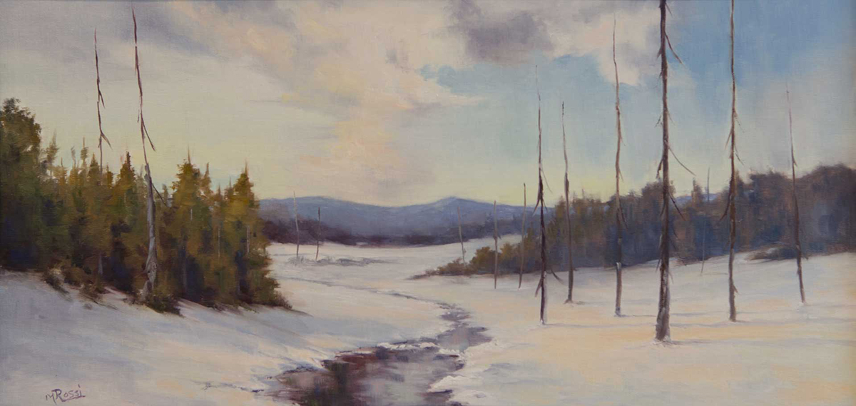 oil painting of winter trail with river through canvas
