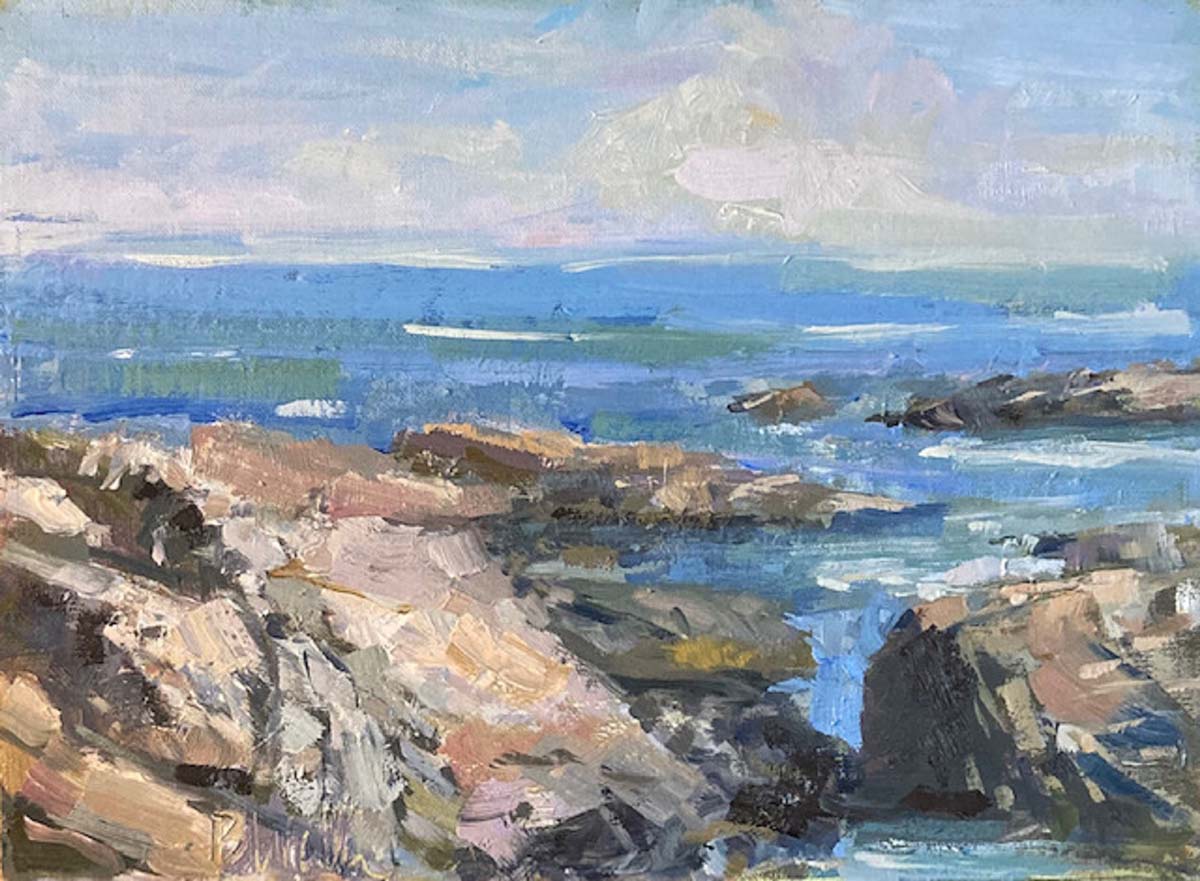oil painting of ocean with rocks in foreground