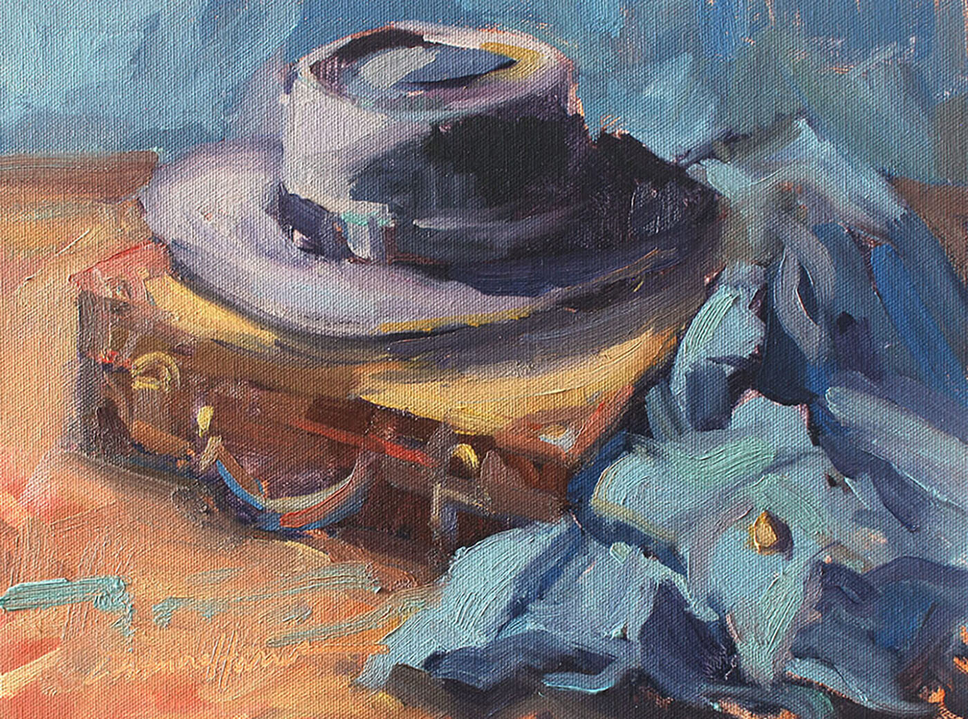 oil painting of still life objects: hat, briefcase and coat