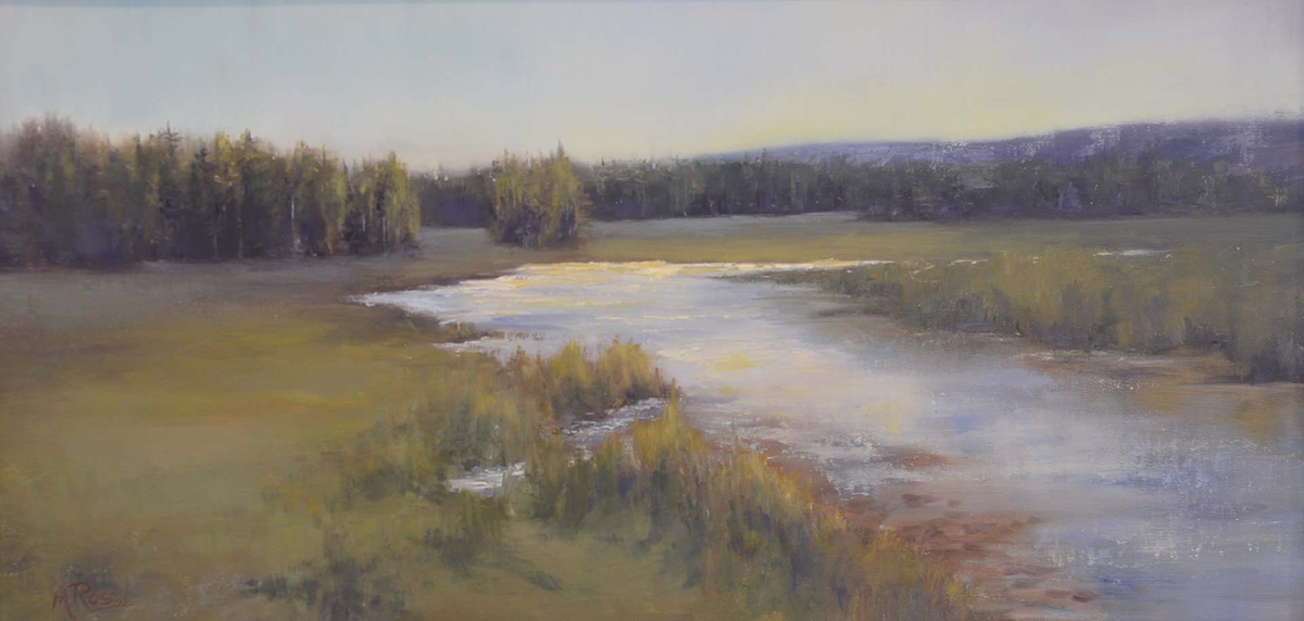 oil painting of filed with river through canvas