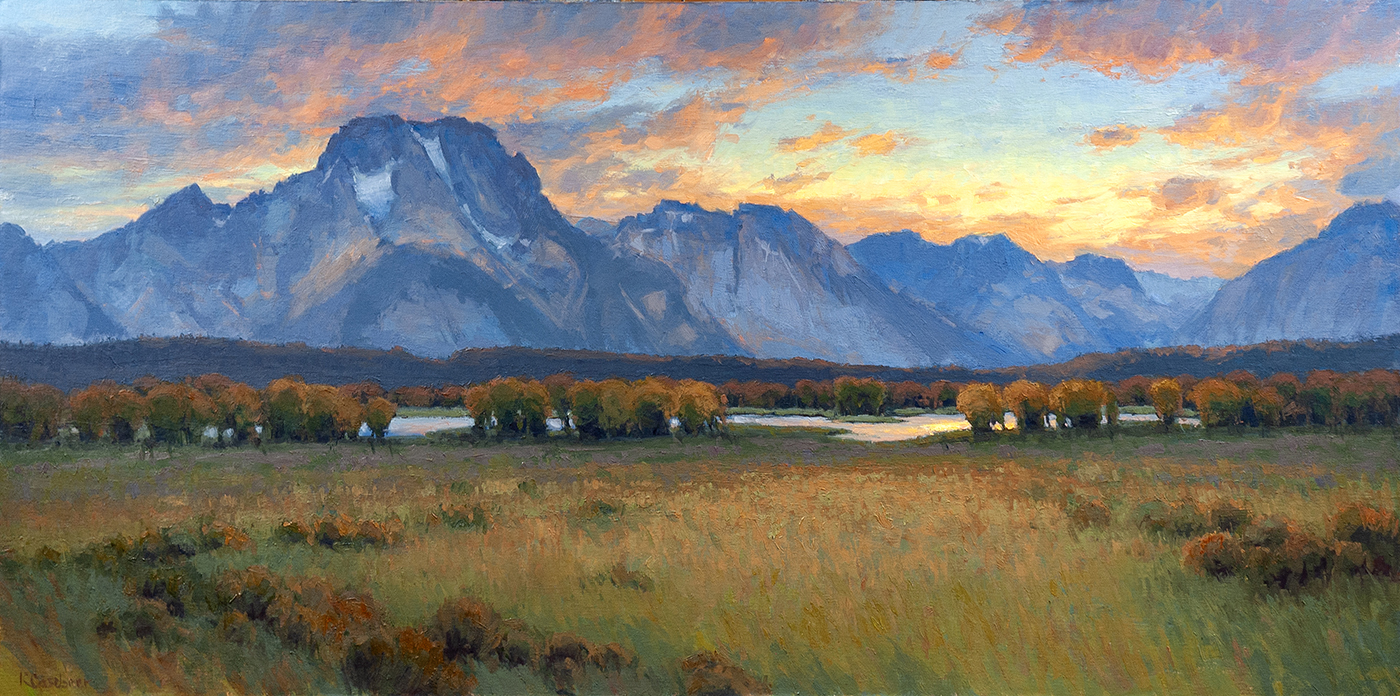 oil painting of sunset behind mountains; filed in foreground