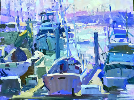 Plein air painting of a boat harbor