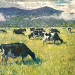 Painting of Cows - Richard Oversmith, "Morning Graze," oil on linen, 48 x 68 in.