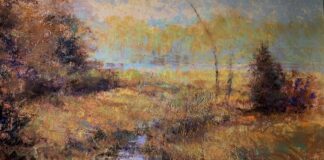 plein air pastel painting - Tom Bailey, “Gold And Sapphires,” pastel, 12 x 18 in.