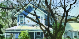 Plein air watercolor - Barbara Tapp, "Winter Glimpses," 2021, 10 x 14 in., private collection