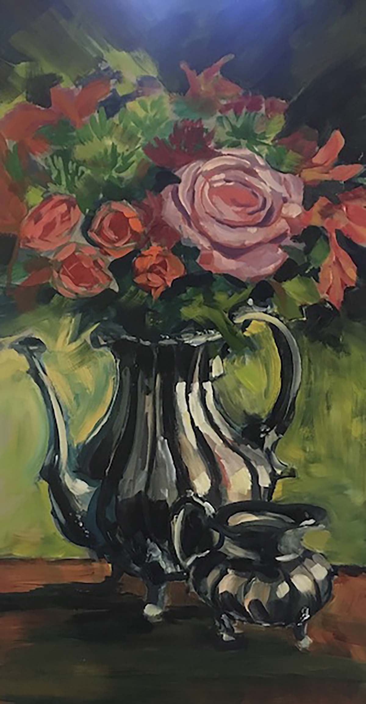 oil painting of teapot vase with roses in it