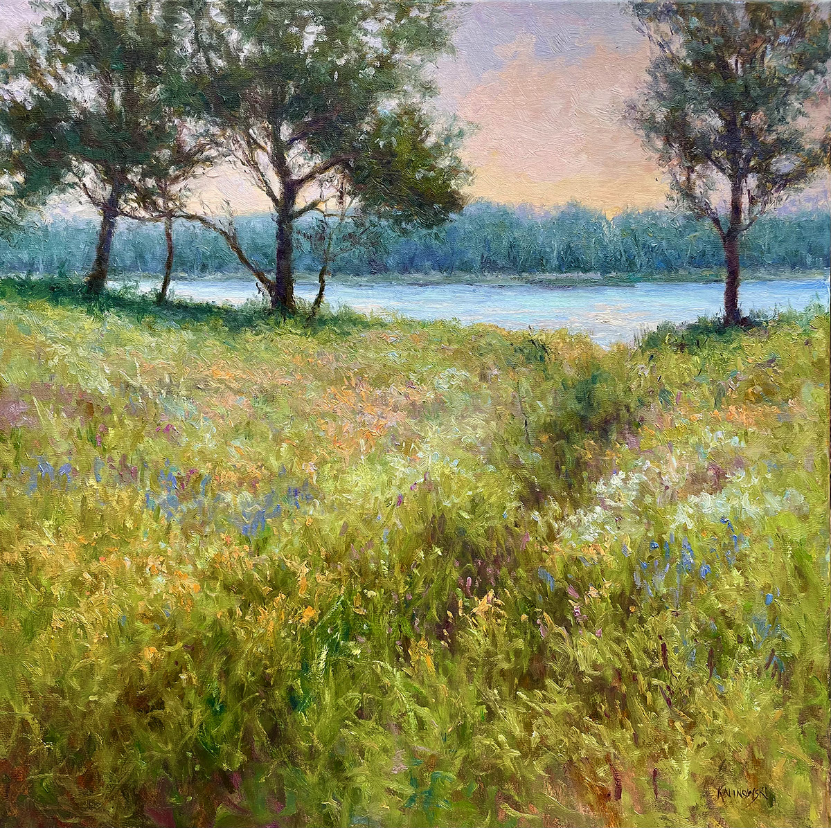 oil painting of field with trees framing the canvas; water in distance