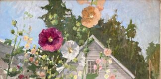 Bethann Moran-Handzlik, “Hollyhock and Bumble Bees at Anderson’s" - Best in Show, 2023 Door County Plein Air Festival