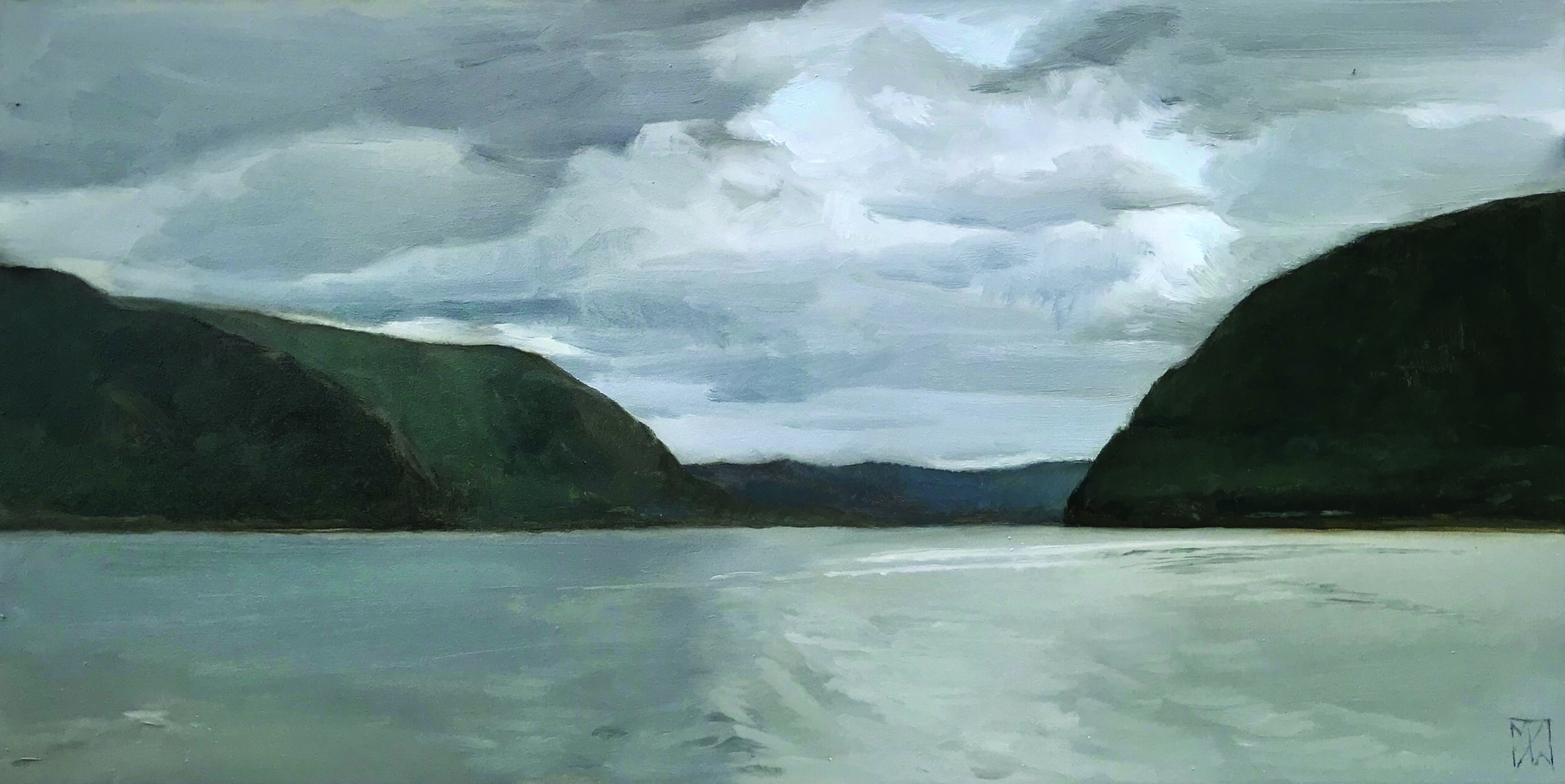 Mary Jane Ward, “Looking South on the Hudson from Plum Point,” 2021, oil, 6 x 12 in., Collection the artist, Plein air painting