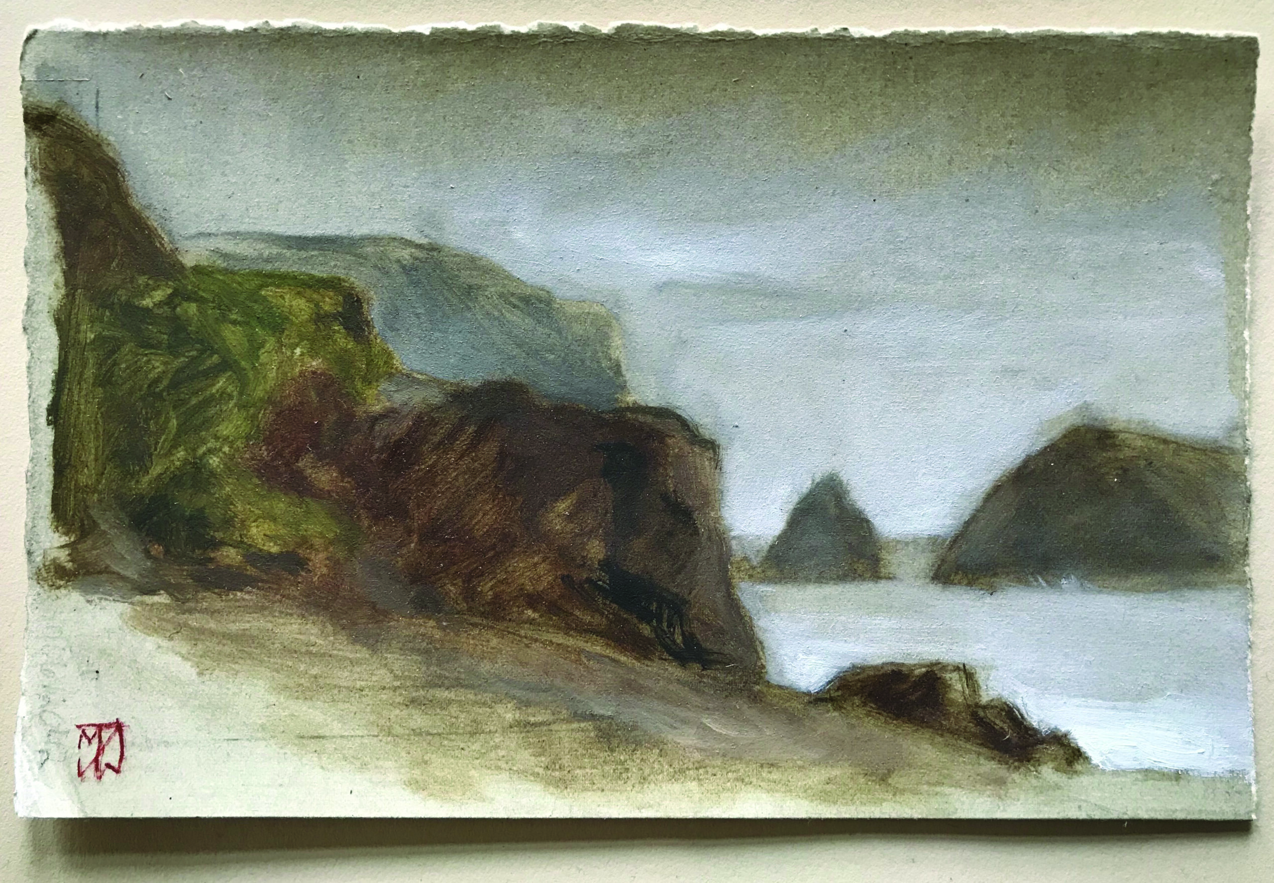 Mary Jane Ward, “Rodeo Beach in Fog 2020,” oil, 5 x 7 in., Collection the artist, Plein air