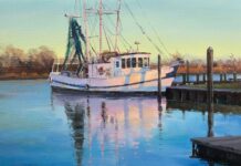 Farley Lewis, “Shrimp Trawler,” 2022, acrylic, 18 x 24 in., Available from artist, Studio