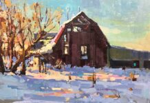 Michele Usibelli, "Winter Barn," 2019, acrylic, 9 x 12 in., Collection the artist, Plein air
