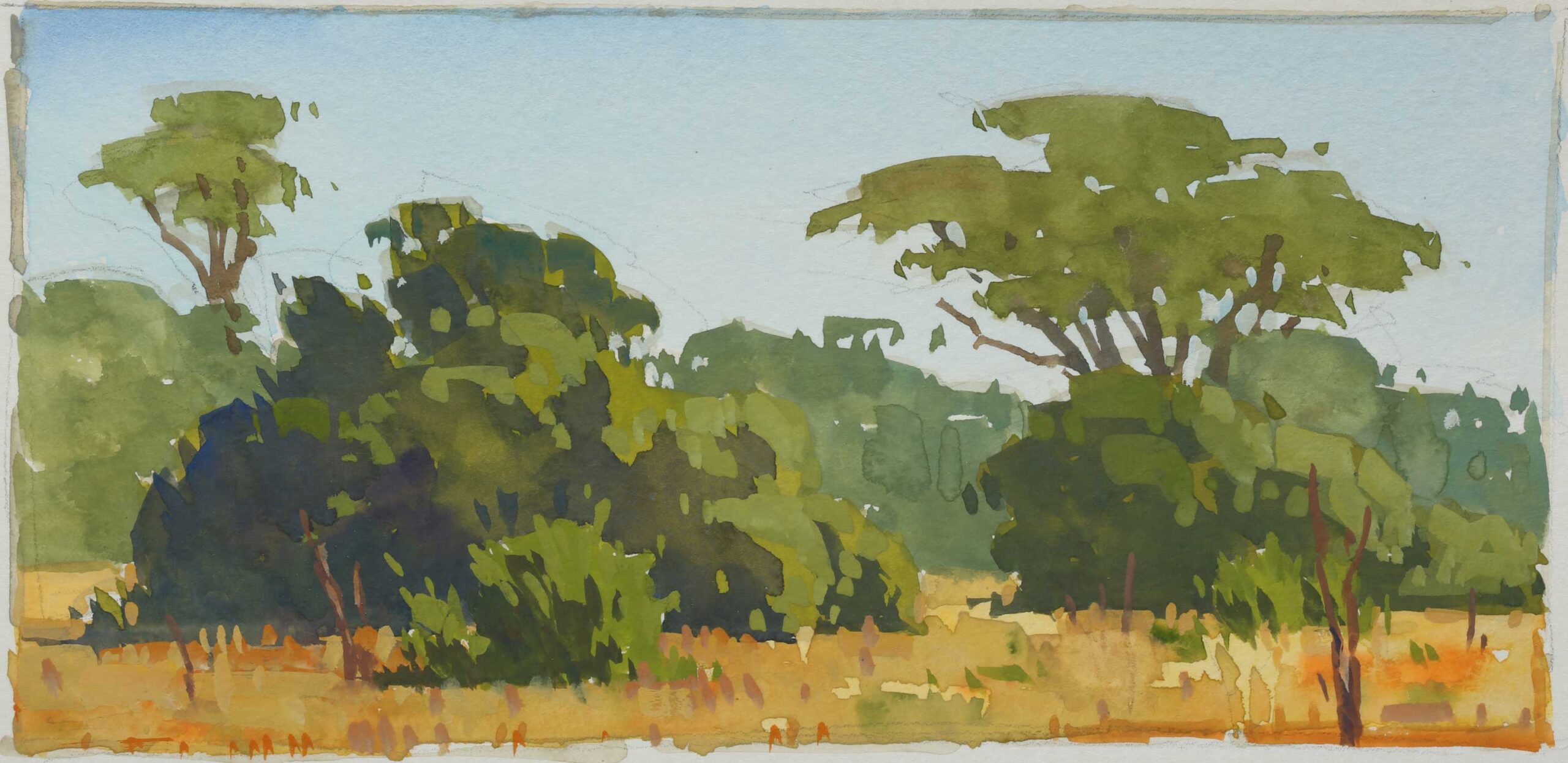 Paul Kratter, "Trees Along the Horizon," 2019, gouache, 3 x 6 1/2 in., collection the artist, plein air 