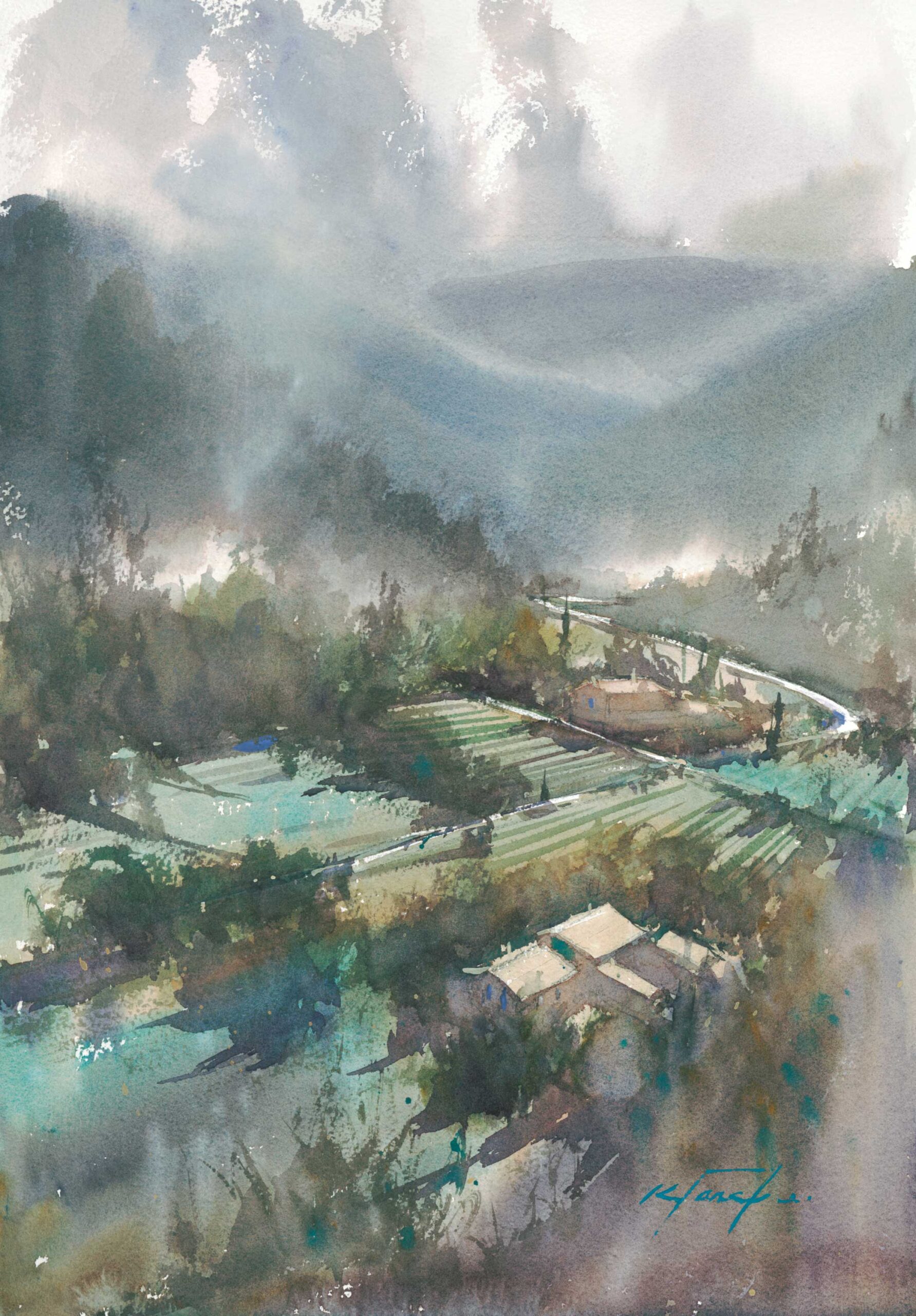 Keiko Tanabe, "Before the Storm, Venasque, France," 2015, watercolor, 20 x 14 in., Collection the artist, Plein air