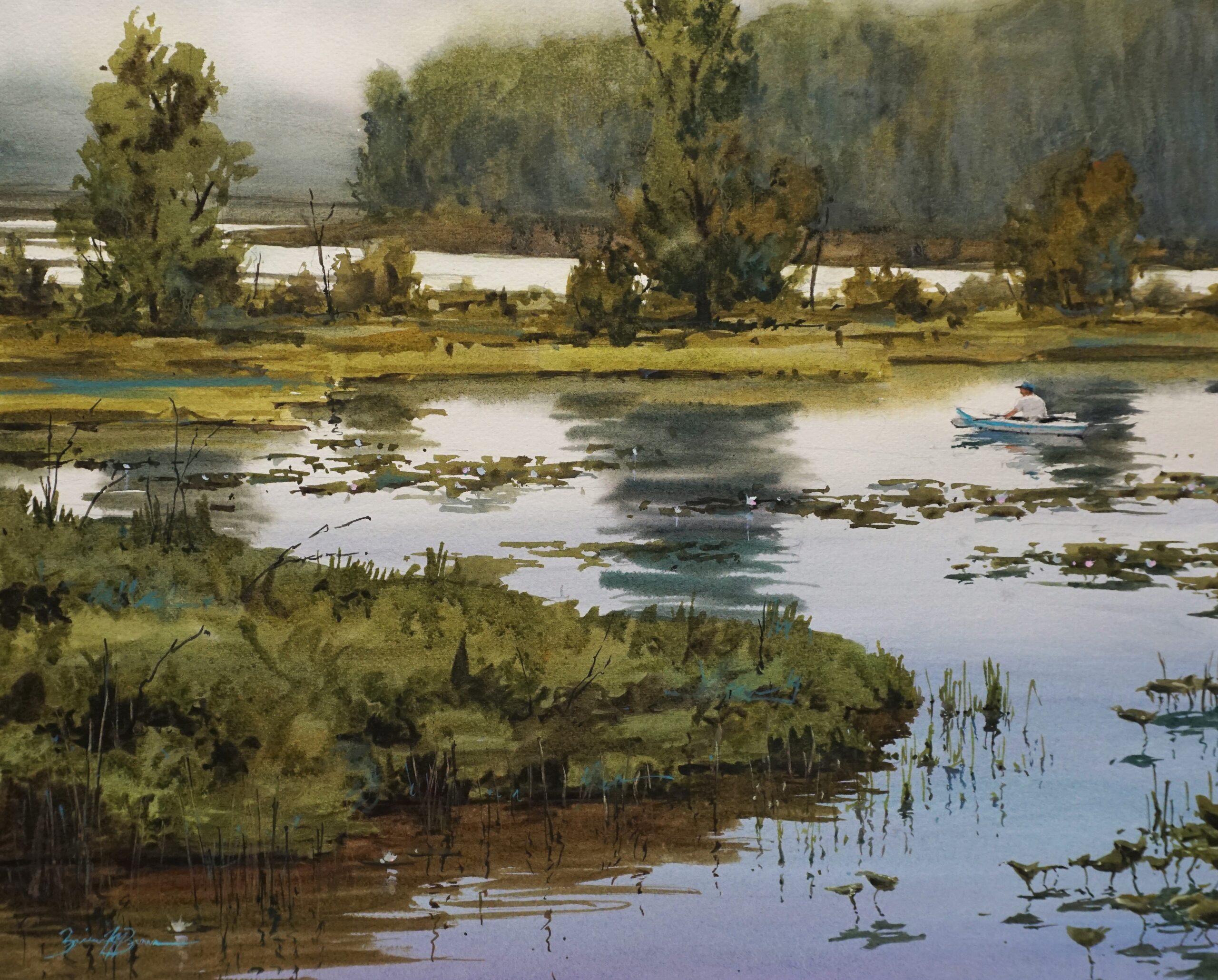 Plein air landscape painting with water