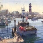 Featured Artwork: Geoff Allen watercolor painting of a boat surrounded by other boats; lighthouse in the background
