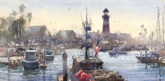 watercolor painting of a boat surrounded by other boats; lighthouse in the background