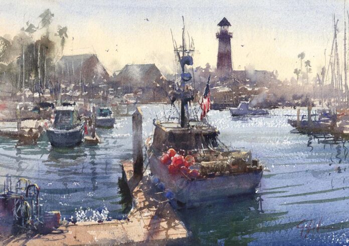 watercolor painting of a boat surrounded by other boats; lighthouse in the background