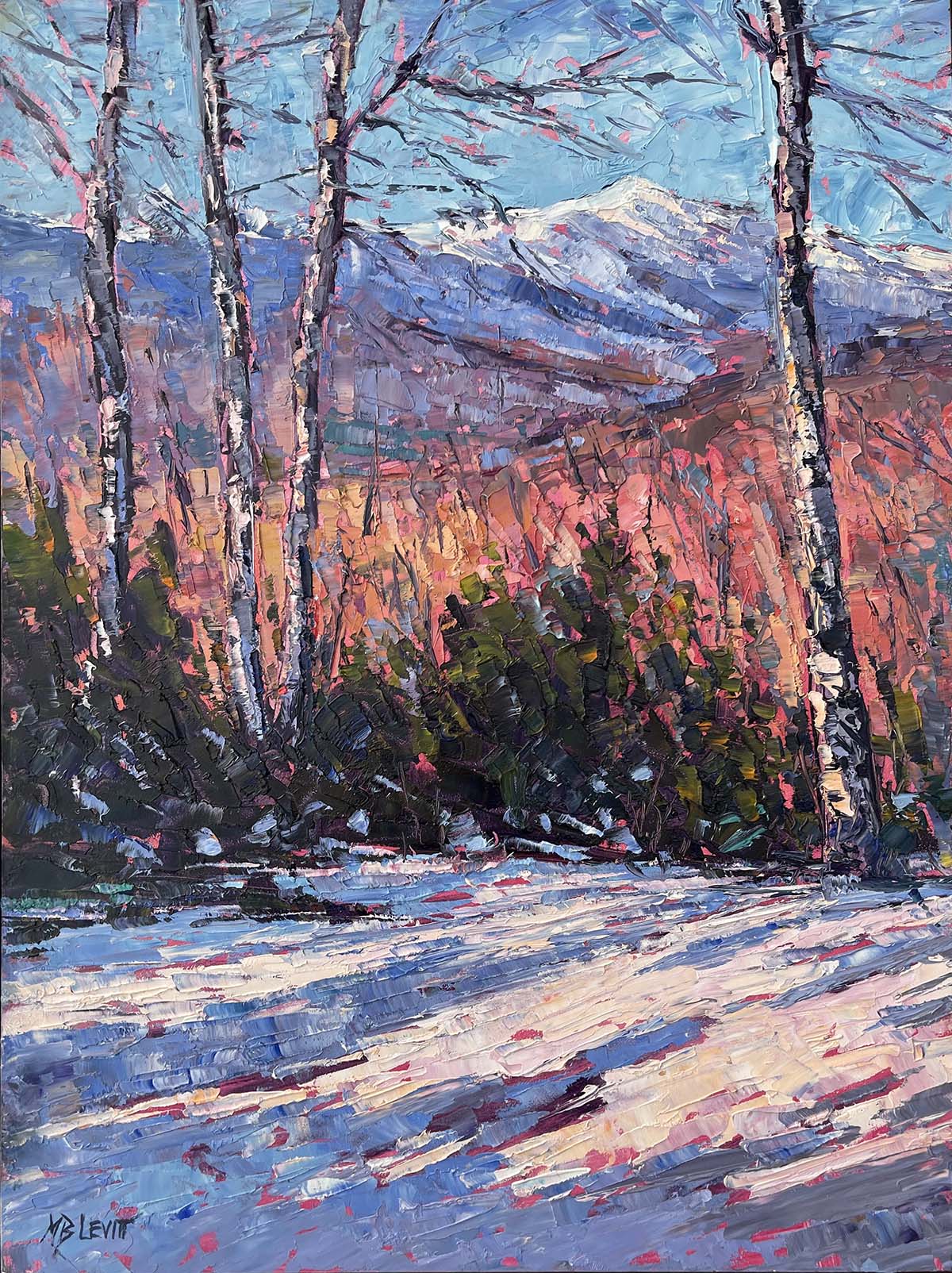 oil painting of winter scene with sun hitting trees and snow