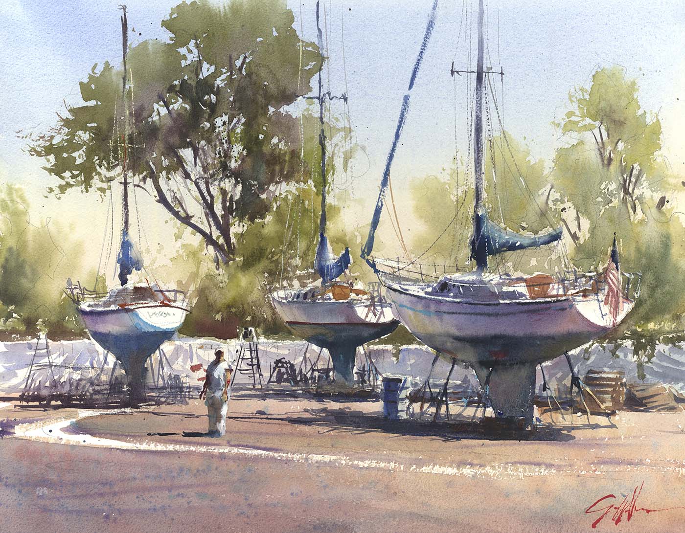 watercolor painting of boats parked in a parking lot