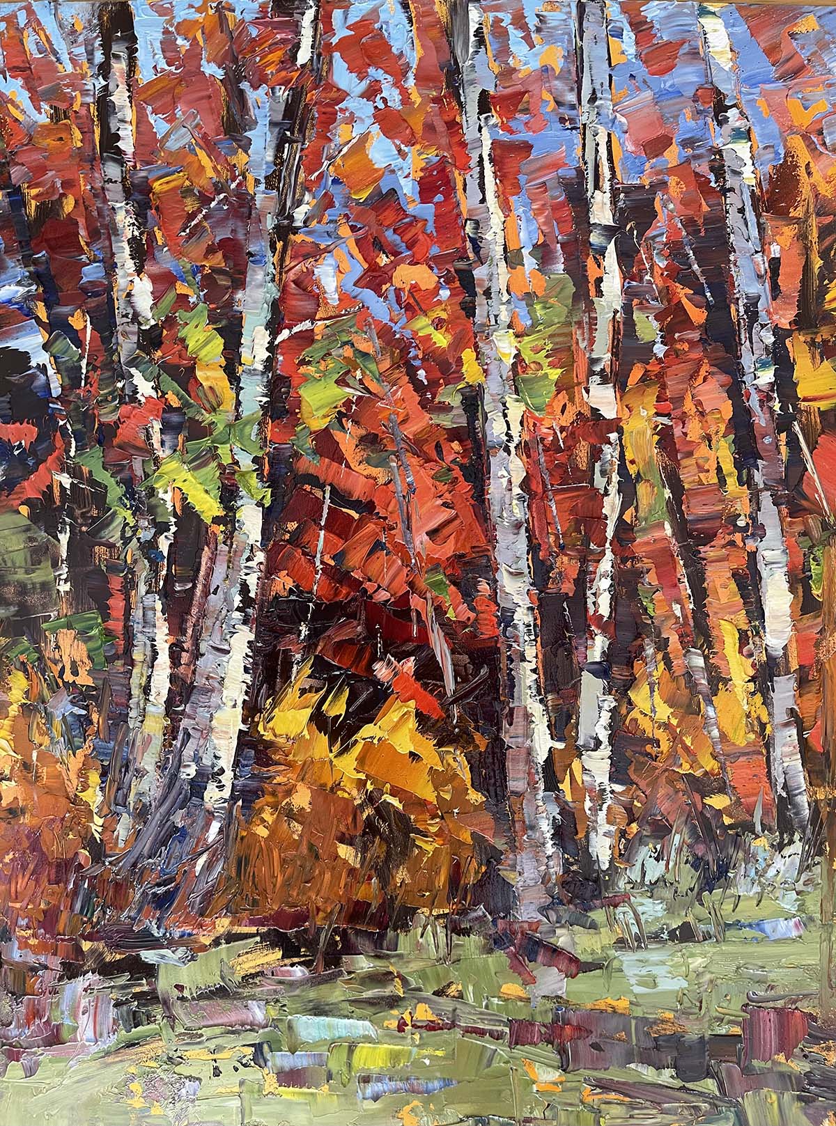 oil painting of fall colors amongst trees 