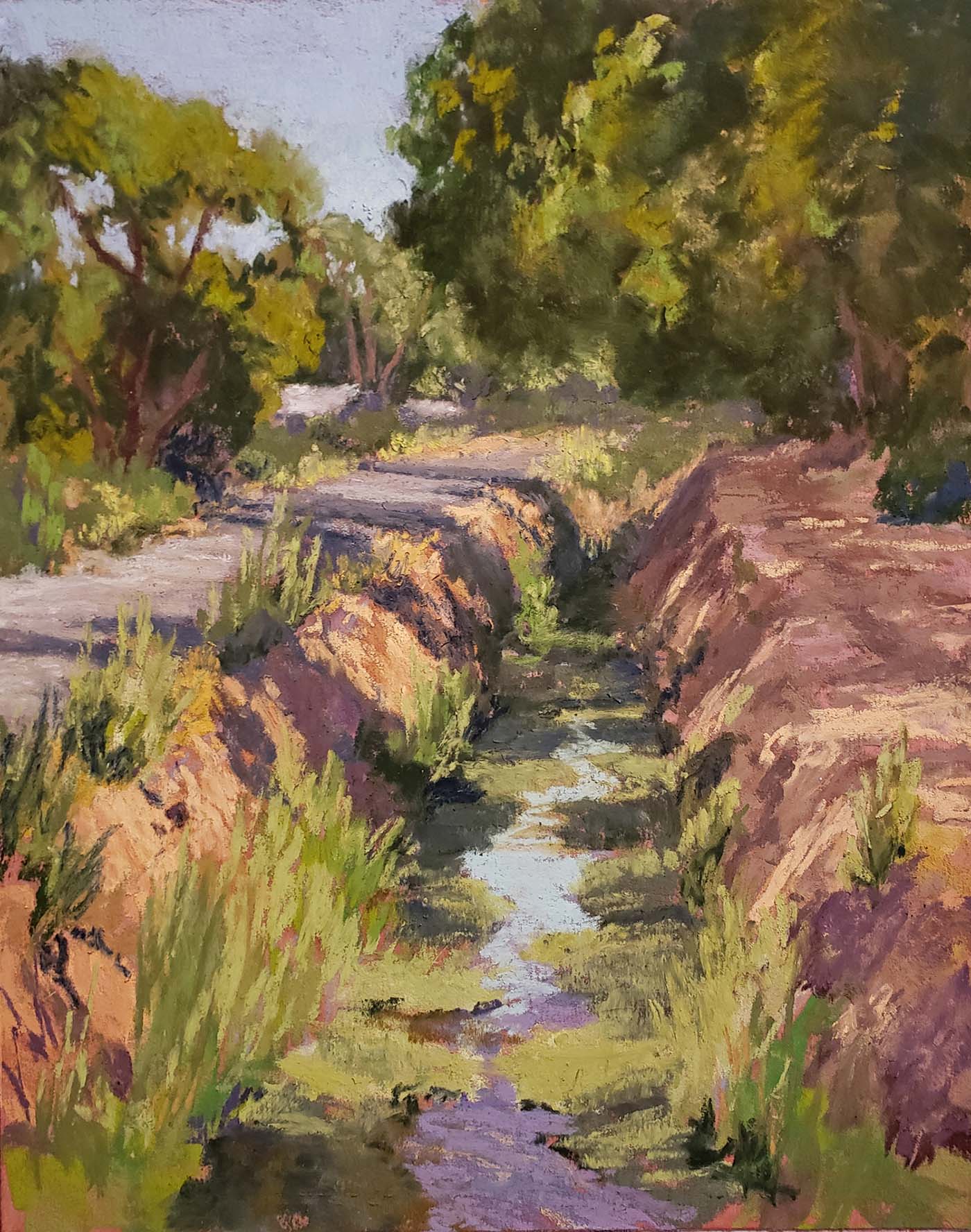 oil painting of ravine through woods, along trail