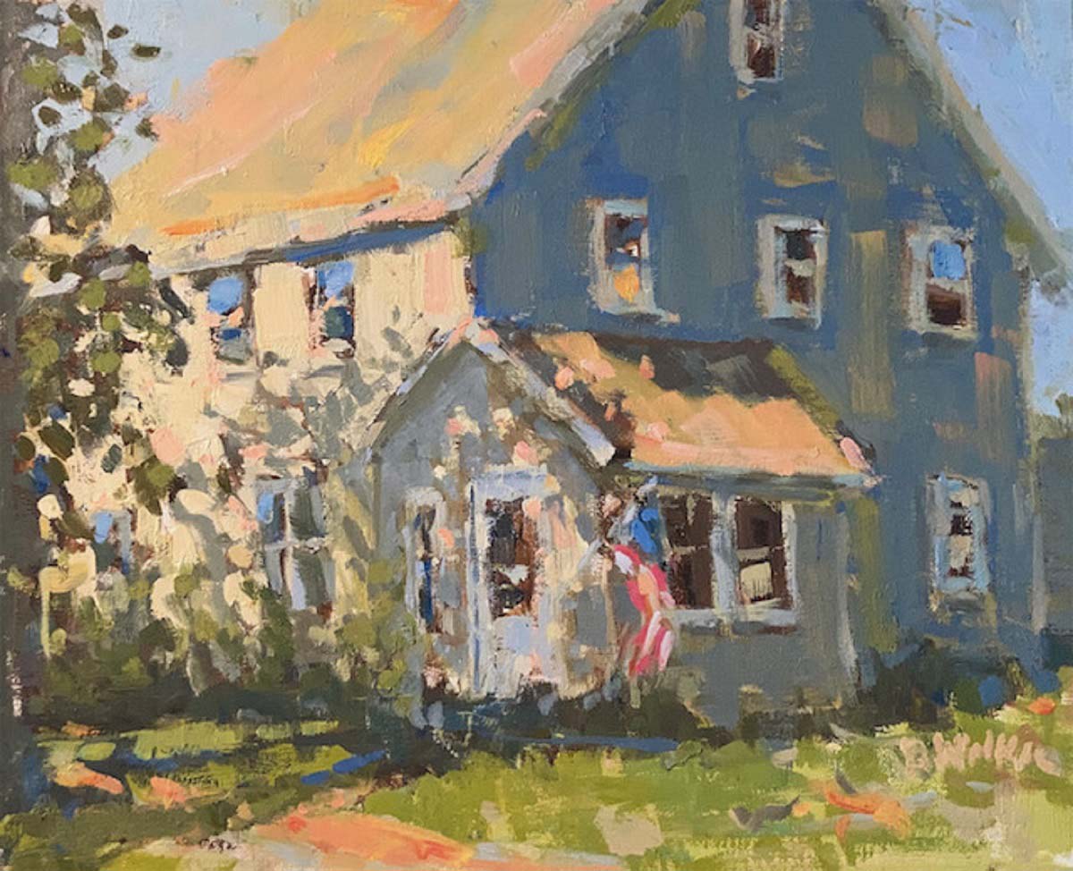 oil painting of a house with field grass in front
