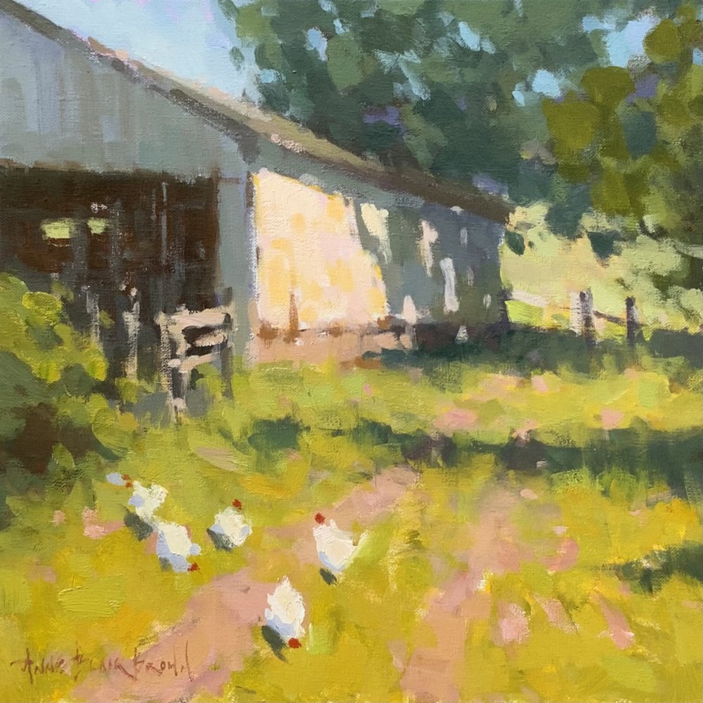 oil plein air painting of chickens on a farm