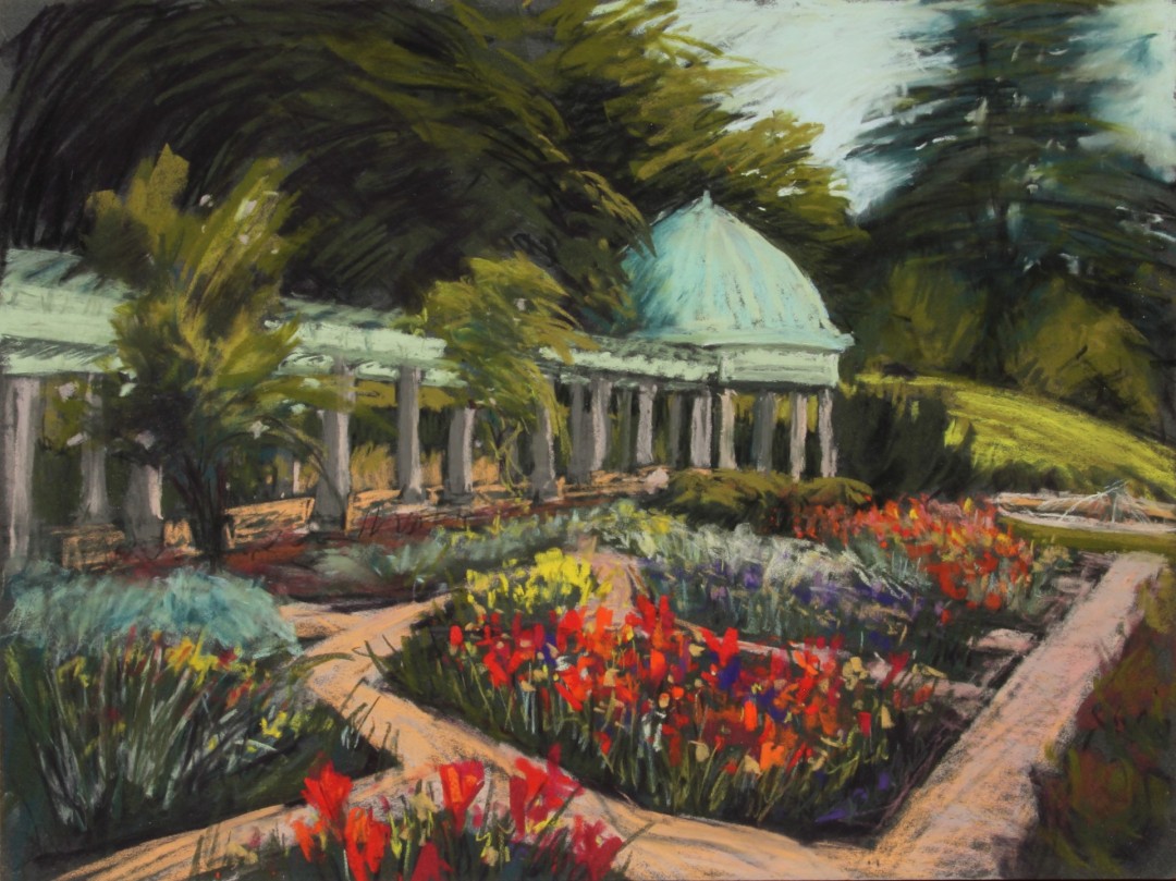 Pastel landscape painting of a garden