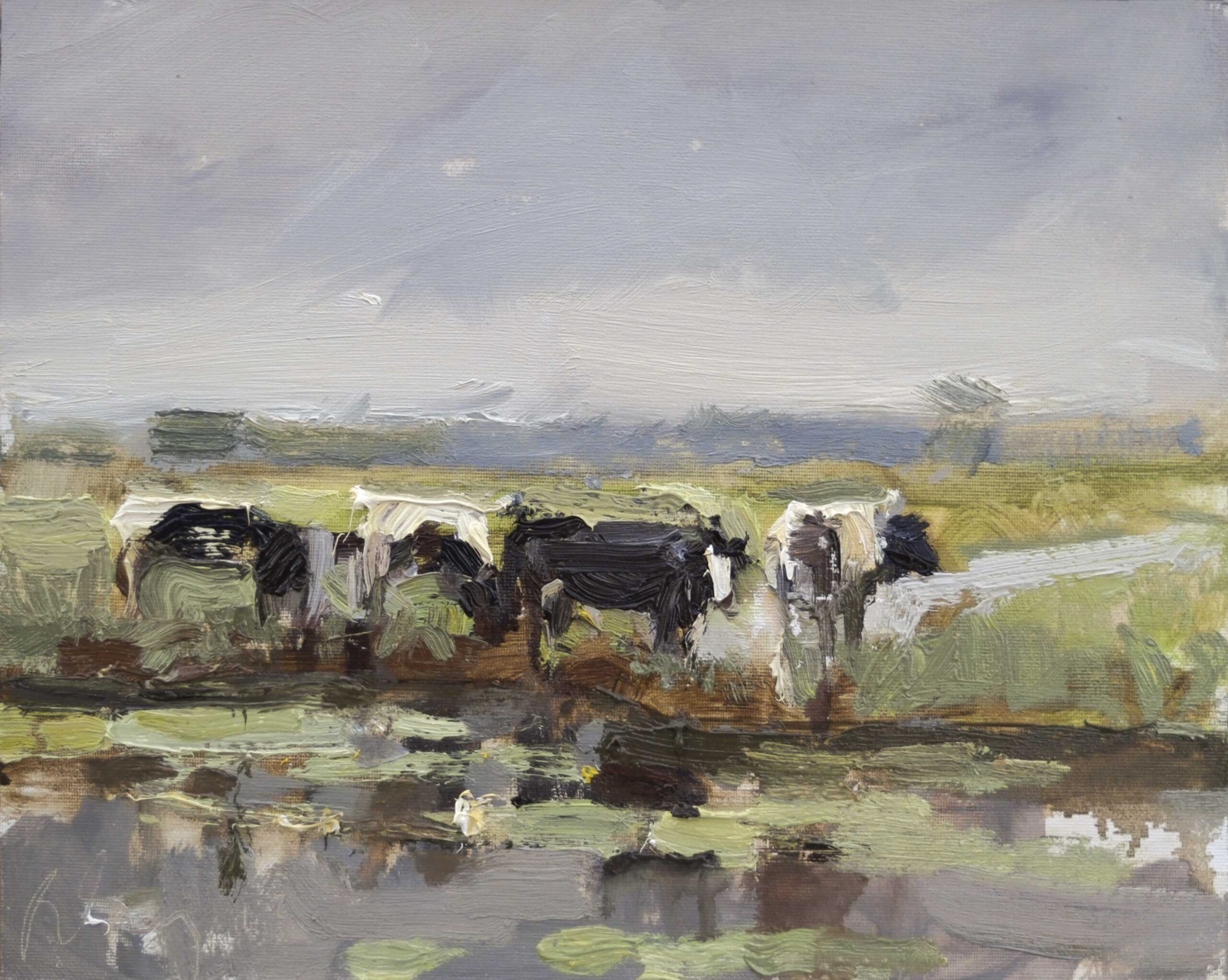 Plein air painting of cows
