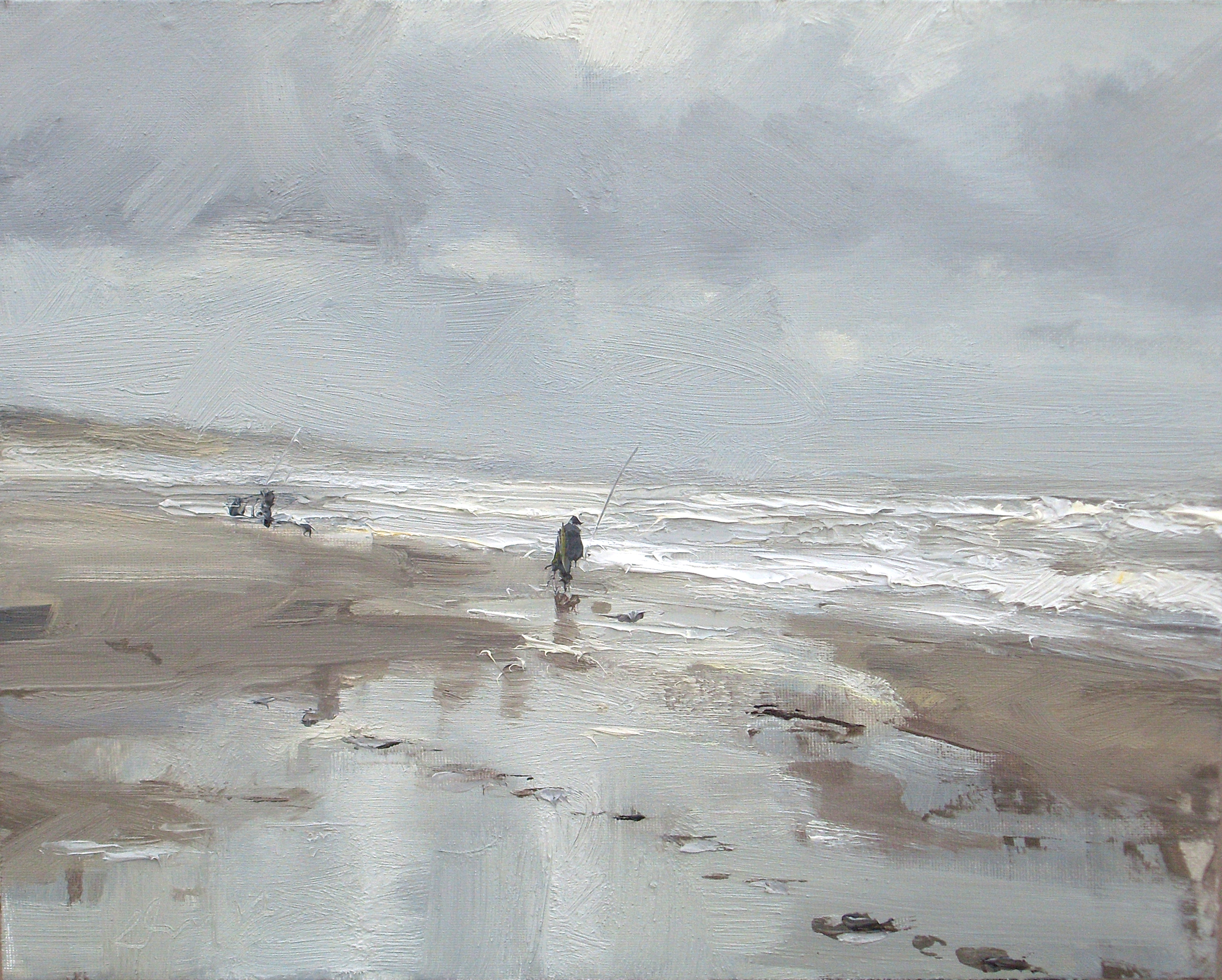 Roos Schuring, "Beautiful Grey Day – Fishermen," 24 x 30 cm, Oil on canvas panel