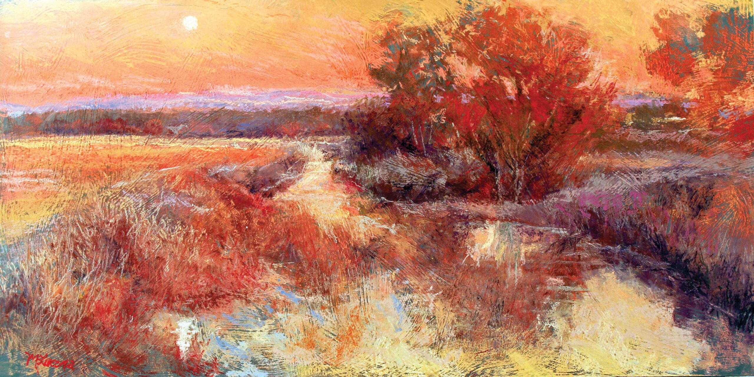 Margi Lucena, "Sunset Moon," 2021, pastel, 12 x 24 in., plein air, available from Wilder Nightingale Fin eArt, Taos, NM