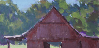 acrylic plein air painting of a barn
