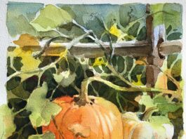 Brenda Swenson, "Autumnleaf Farm," 2018, watercolor, 9 x 8 in., Private collection, Plein air