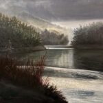 oil painting of lake flowing through forest