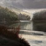 Featured Artwork: Sherry Mason oil painting of lake flowing through forest