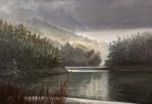 oil painting of lake flowing through forest
