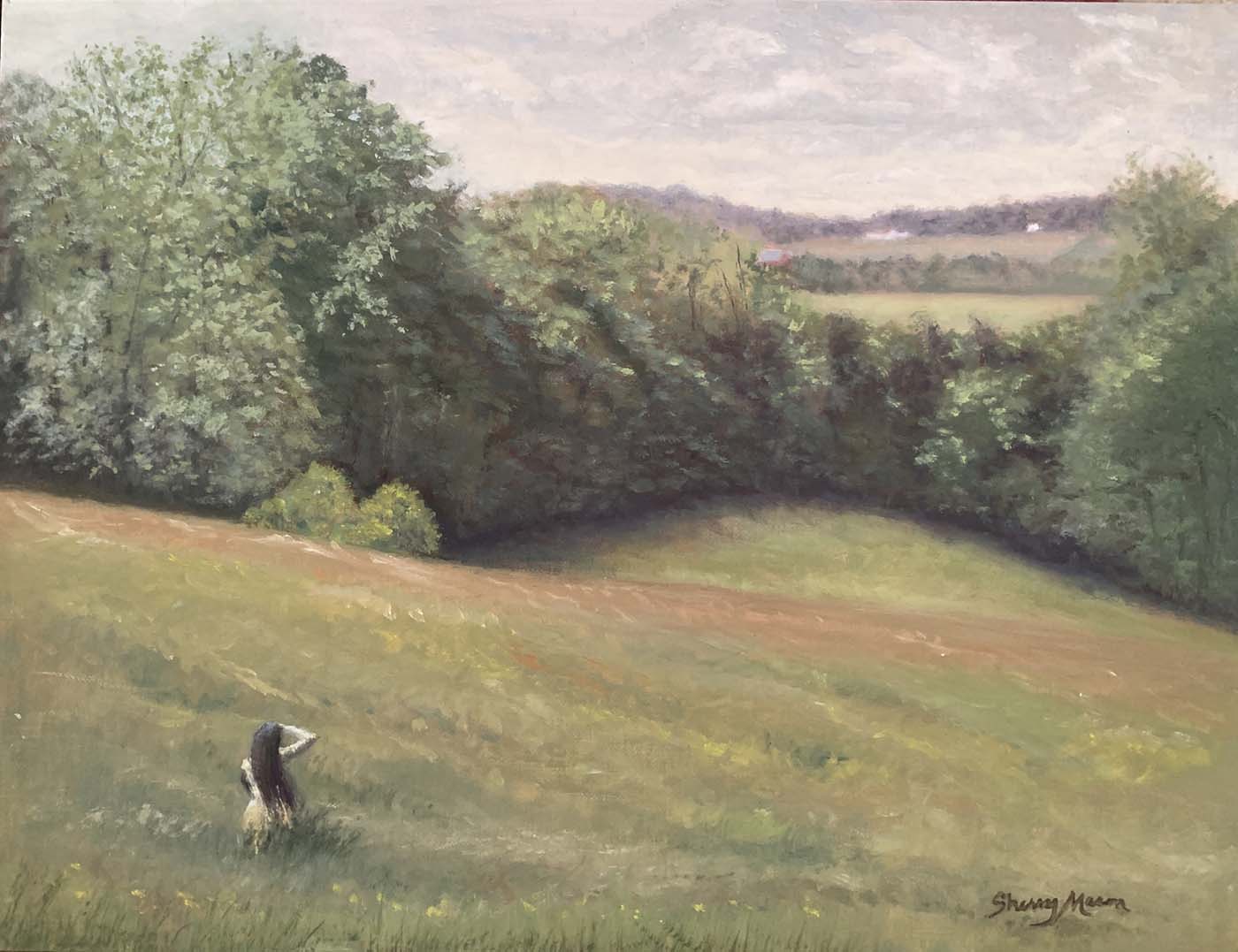 oil painting of girl sitting on hill overlooking forest landscape