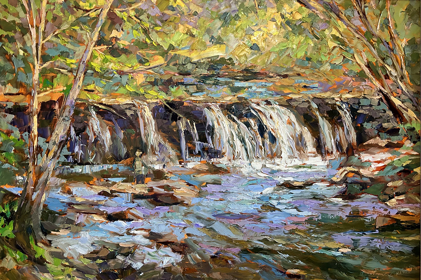 oil painting small waterfall of stream, surrounded by trees