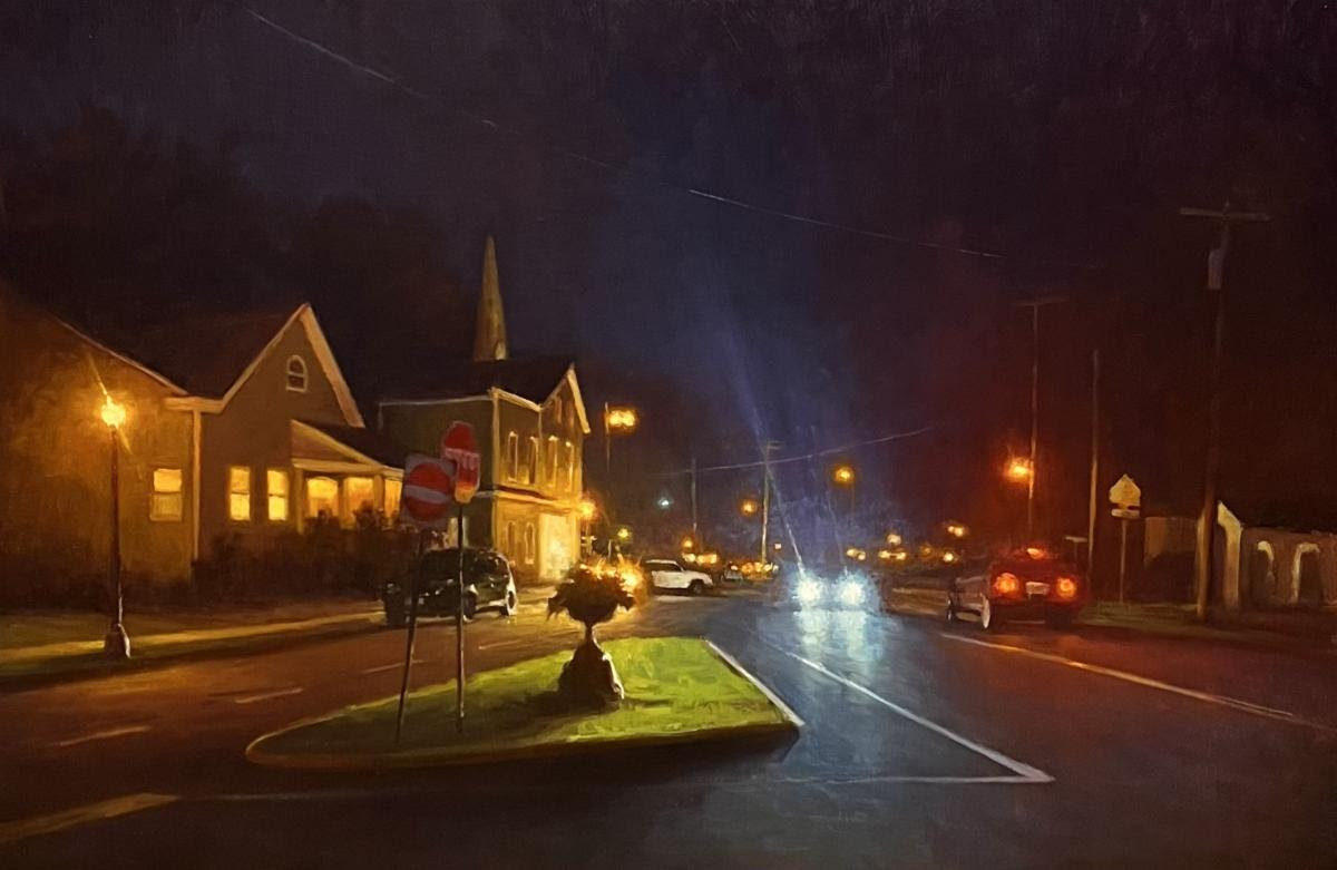 nocturne paintings - Carl Bretzke, "Division Street at Night," 24 x 36 inches, Oil on Linen, 2023