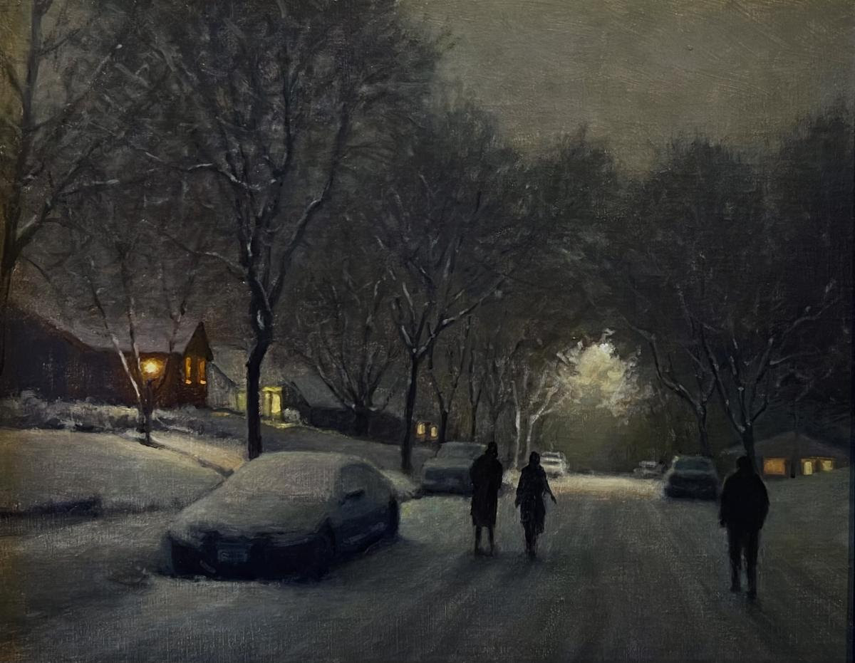 nocturne paintings - Carl Bretzke, "Unshoveled Sidewalks," 16 x 20 inches, Oil on Linen, 2023