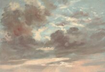 John Constable, "Cloud Study: Stormy Sunset," 1821-1822, oil on paper, mounted on canvas, 8 x 10 3/4 in., National Gallery of Art, Washington, Gift of Louise Mellon in honor of Mr. and Mrs. Paul Mellon, plein air
