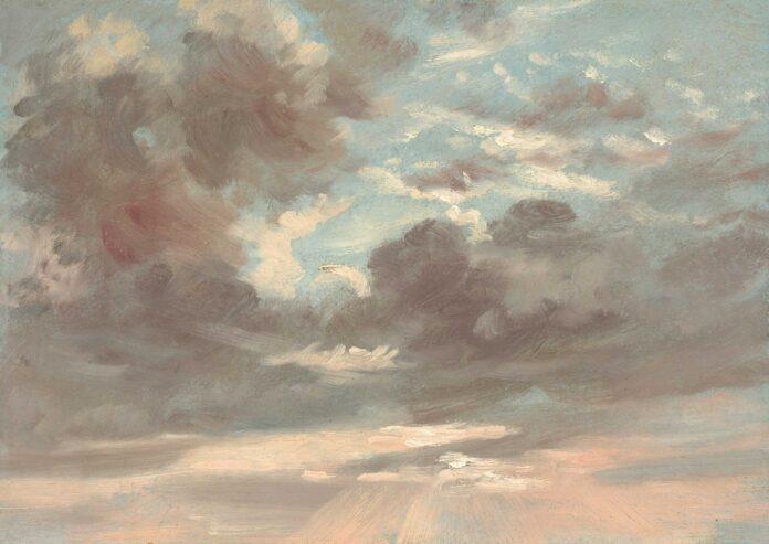 John Constable, "Cloud Study: Stormy Sunset," 1821-1822, oil on paper, mounted on canvas, 8 x 10 3/4 in., National Gallery of Art, Washington, Gift of Louise Mellon in honor of Mr. and Mrs. Paul Mellon, plein air