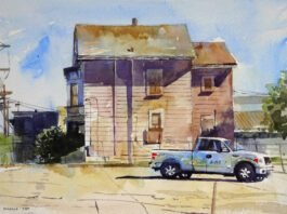 Barbara Tapp, "Pink House Stands Alone," 2019, watercolor, 10 x 14 in., Available from artist, Plein air