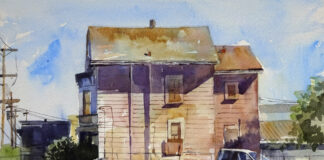 Barbara Tapp, "Pink House Stands Alone," 2019, watercolor, 10 x 14 in., Available from artist, Plein air
